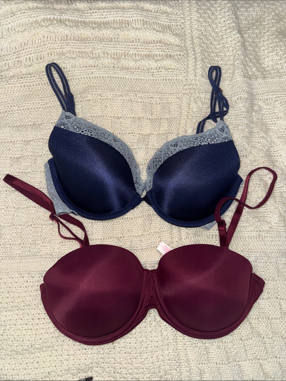 PINK Women’s Lace Trim Push-Up Bra - Navy and Burgundy Bundle
